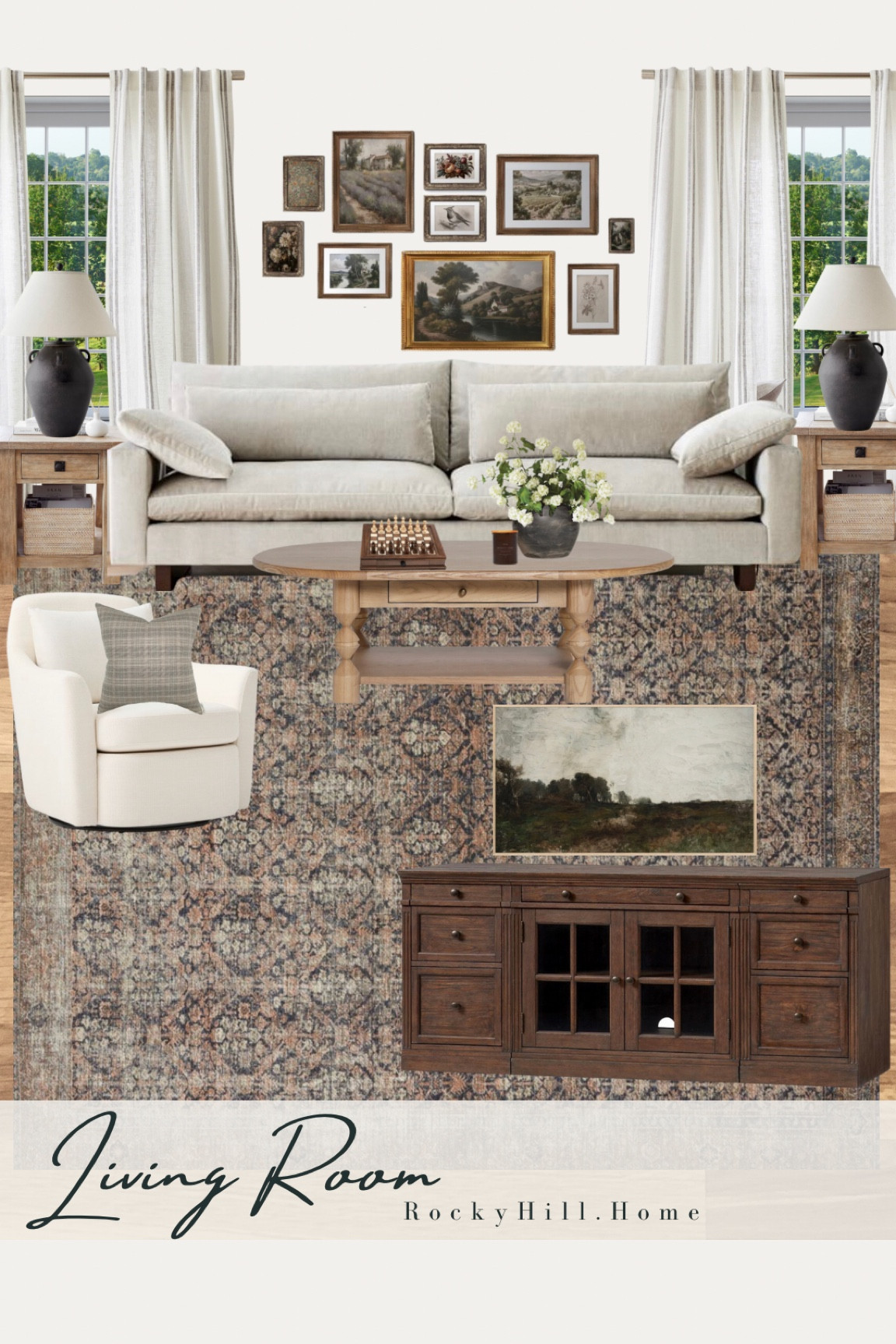 Spring living room design featuring the West Elm Harmony Sofa in Dune, swivel chair, pottery barn closed storage tv stand, lulu and georgia coffee table, chess board, vintage pot, Etsy gallery wall set, linen striped curtains, amber Lewis loloi rug

#LTKstyletip #LTKhome #LTKSeasonal