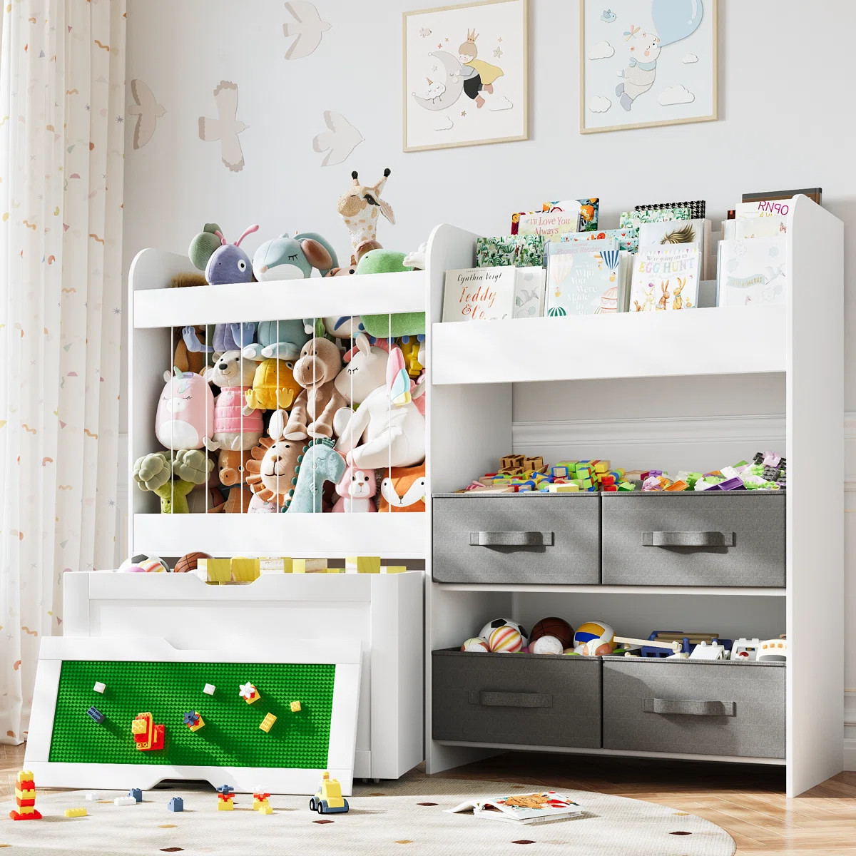 39.4''H Nursery Toy Boxes Organizer with Stuffed Animal Storage, Kids Bookcases with 4 Fabric Sto... | Wayfair North America