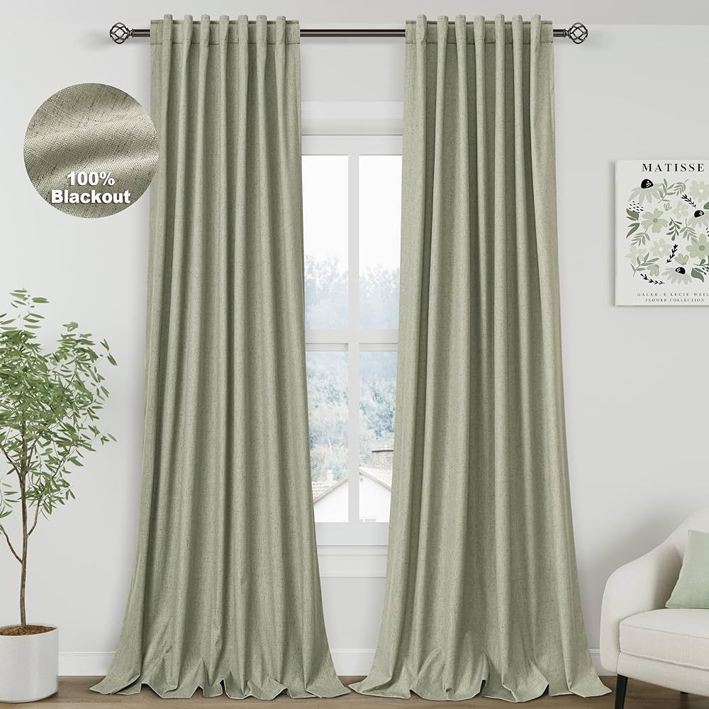 Nanspring Sage Green Linen 100% Blackout Curtains 95 inch Length Back Tab Rod Pocket Drapes Therm... | Amazon (US)