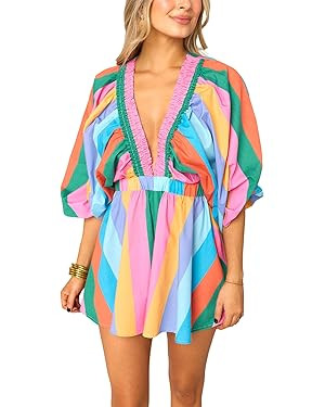 Women's Long Puff Sleeve Short Romper Summer Cute Deep V Neck Flowy Tropical Beach Vacation Plays... | Amazon (US)