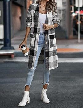 Tmore Womens Long Plaid Shacket Button Down Casual Boyfriend Oversized Fleece Flannel Jacket Outw... | Amazon (CA)