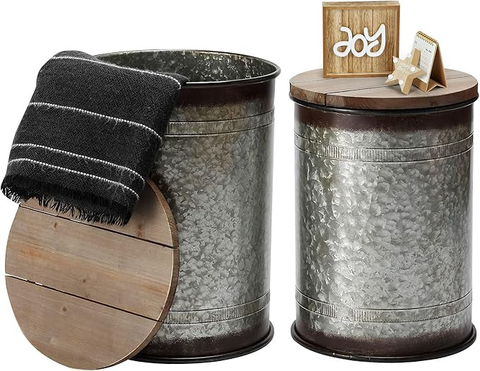 Rustic Storage Ottoman Seat Stool, Farmhouse Accent Side Table, Antique Galvanized Metal End Tabl... | Amazon (US)