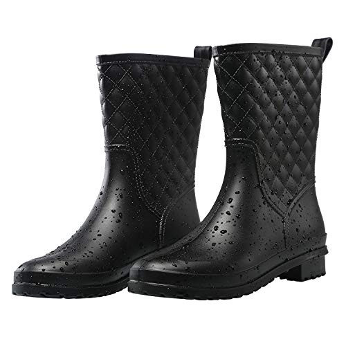 Petrass Women Rain Boots Black Waterproof, Mid Calf Lightweight Cute Booties,Fashion Out Work Comfortable Garden Shoes, Black 5 | Amazon (US)