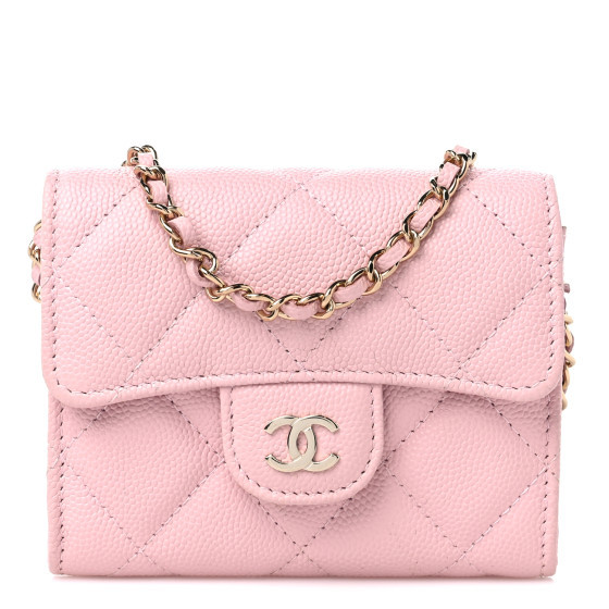 Caviar Quilted Flap Card Holder On Chain Light Pink | FASHIONPHILE (US)