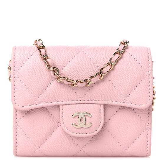 Caviar Quilted Flap Card Holder On Chain Light Pink | FASHIONPHILE (US)