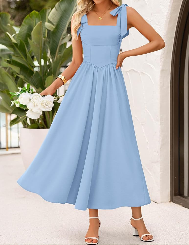 ZESICA Women's Summer Spaghetti Strap Maxi Dress 2026 Tie Shoulder Square Neck Flowy Wedding Gues... | Amazon (US)