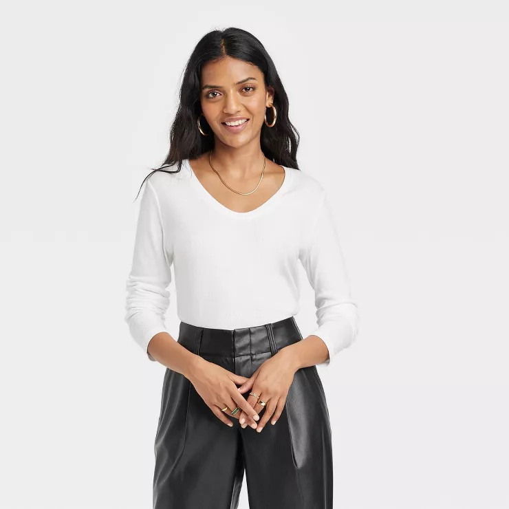 Women's Long Sleeve Ribbed Scoop Neck T-Shirt - A New Day™ | Target