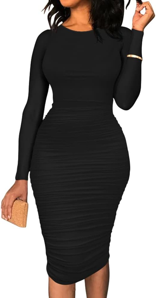 BEAGIMEG Women's Ruched Long Sleeve Elegant Bodycon Basic Casual Midi Dress | Amazon (US)