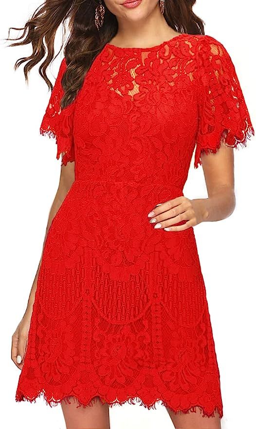 MSLG Women's Elegant Round Neck Short Sleeves V-Back Floral Lace Cocktail Party A Line Dress 910 | Amazon (US)