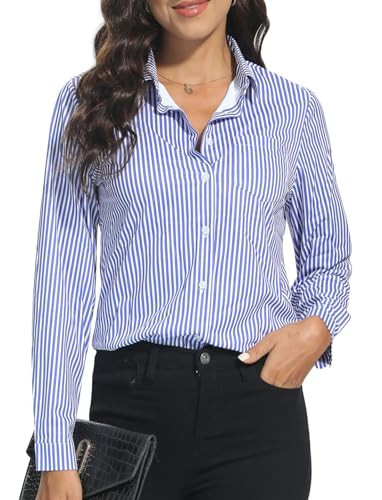 COUXILY Womens Button Down Shirt Blue Striped Shirt Women Button Up Work Shirts for Women Womens Blue Stripe Blouse (Blue Stripe, S) | Amazon (US)