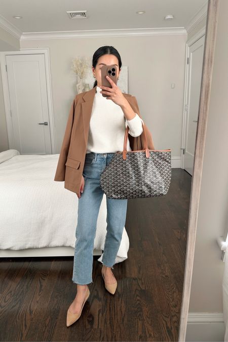 How to style straight jeans for a neutral smart casual outfit // work outfits with flats 

•Liverpool blazer xs petite
•Halogen sweater xxs
•Topshop jeans 25 
•Sam Edelman flats sz 5. Linked more comfortable flat alternatives including close Chanel ballet flat style dupes!
•Goyard tote

#petite smart casual flat shoes outfit

#LTKshoecrush #LTKworkwear #LTKSeasonal