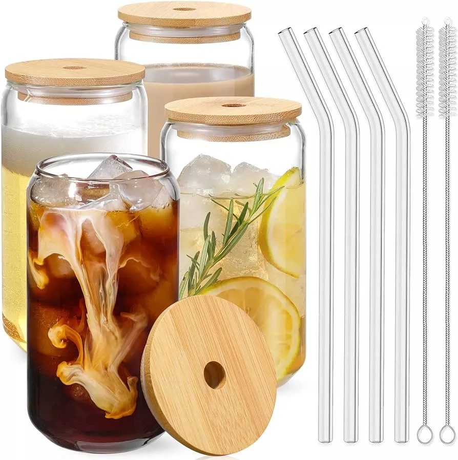 Combler 16oz Drinking Glasses Set of 4, Glass Cups with Lids and Straws,  Clear Can Shaped Glass Cups, Coffee Cups for Gifts 