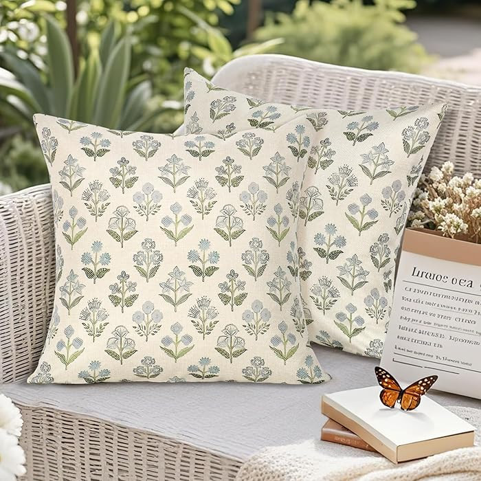 2 Packs Outdoor Waterproof Throw Pillow Covers 18x18 Spring Blue Green Block Print Pillowcase Vin... | Amazon (CA)