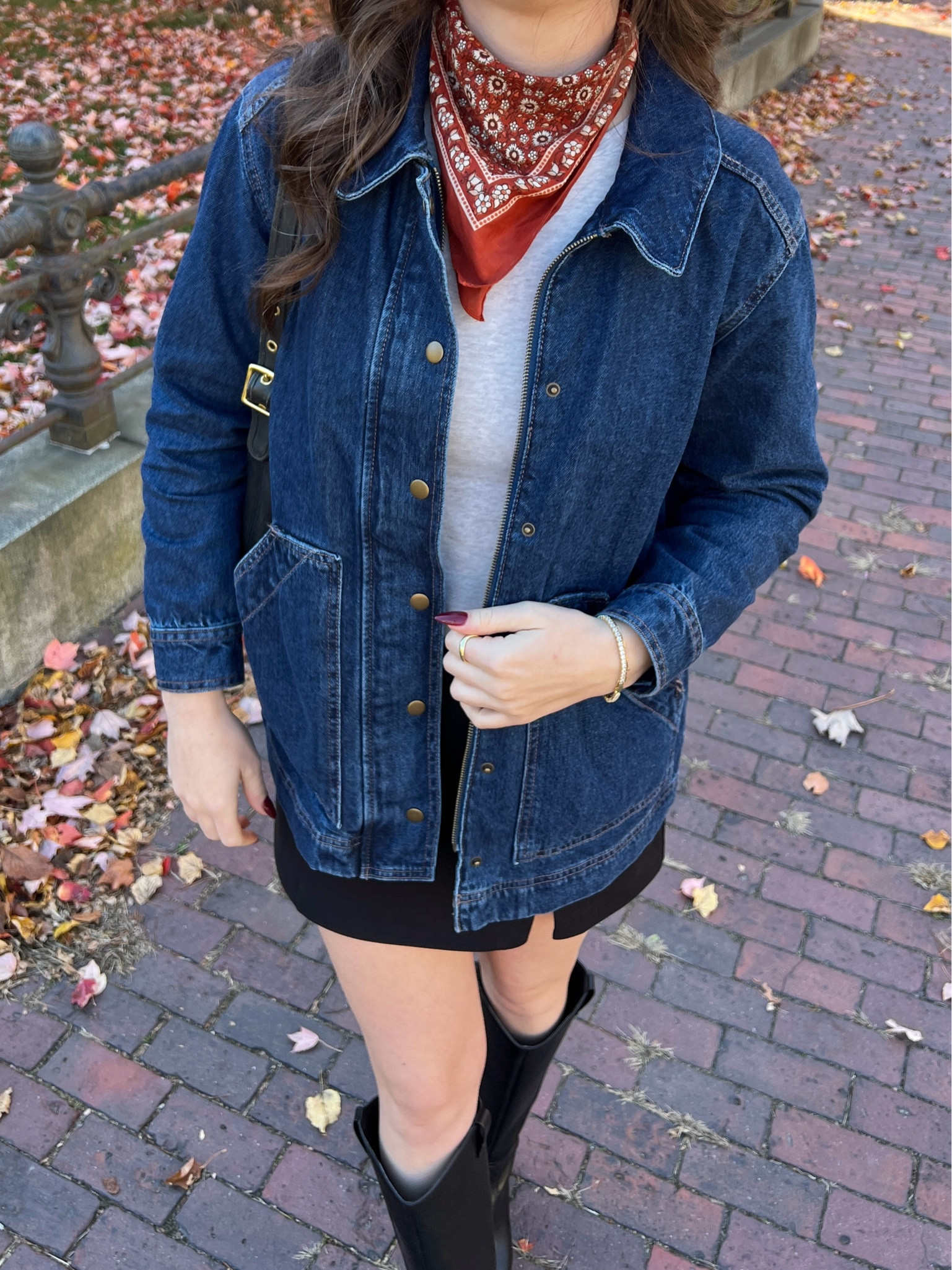 Cute casual fall outfit with grey t shirt, dark denim barn boat, bandana scarf, black skirt, and tall black boots. Casual outfit for fall, fall style, fall outfit, transitional style, fall aesthetic, fall look, western inspired fall outfit, new england autumn. Casual style, casual outfit, womens fall outfit. Denim jacket outfit, denim barn coat outfit. Fall aesthetic outfit 

#LTKSeasonal #LTKFindsUnder100