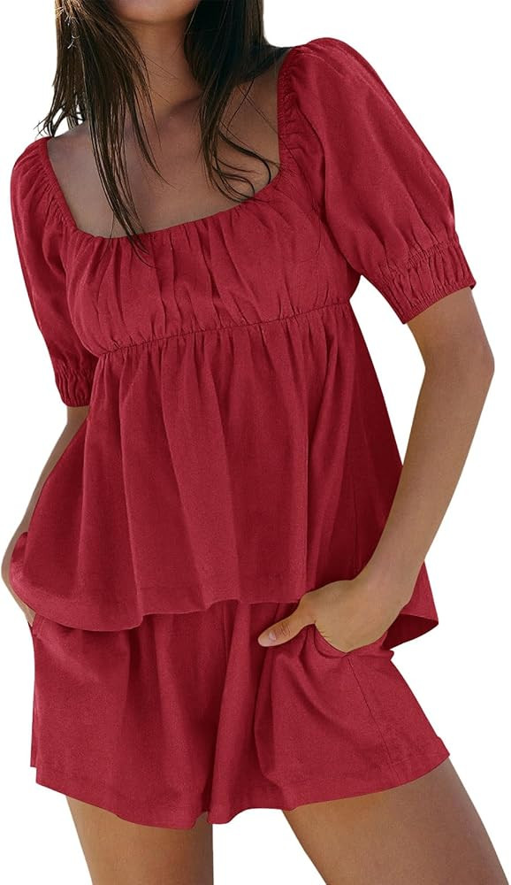 Tankaneo Womens 2 Piece Outfits Summer Square Neck Short Puff Sleeve Babydoll Tops and Shorts Mat... | Amazon (US)