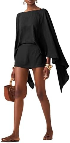 MakeMeChic Women's Linen Sets 2 Piece Sets Summer Poncho Tops and Skorts Vacation Outfits | Amazon (US)