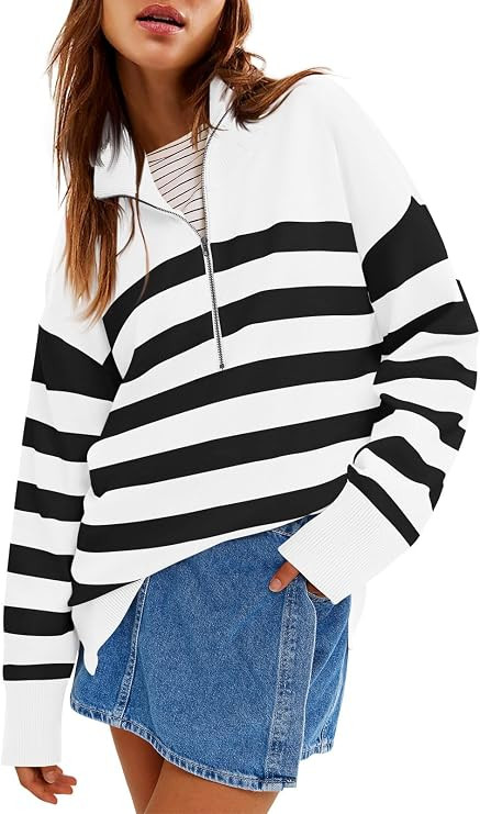 Yousify Women’s Casual Long Sleeve Half Zip Striped Pullover Sweaters V Neck Color Block Ribbed... | Amazon (US)
