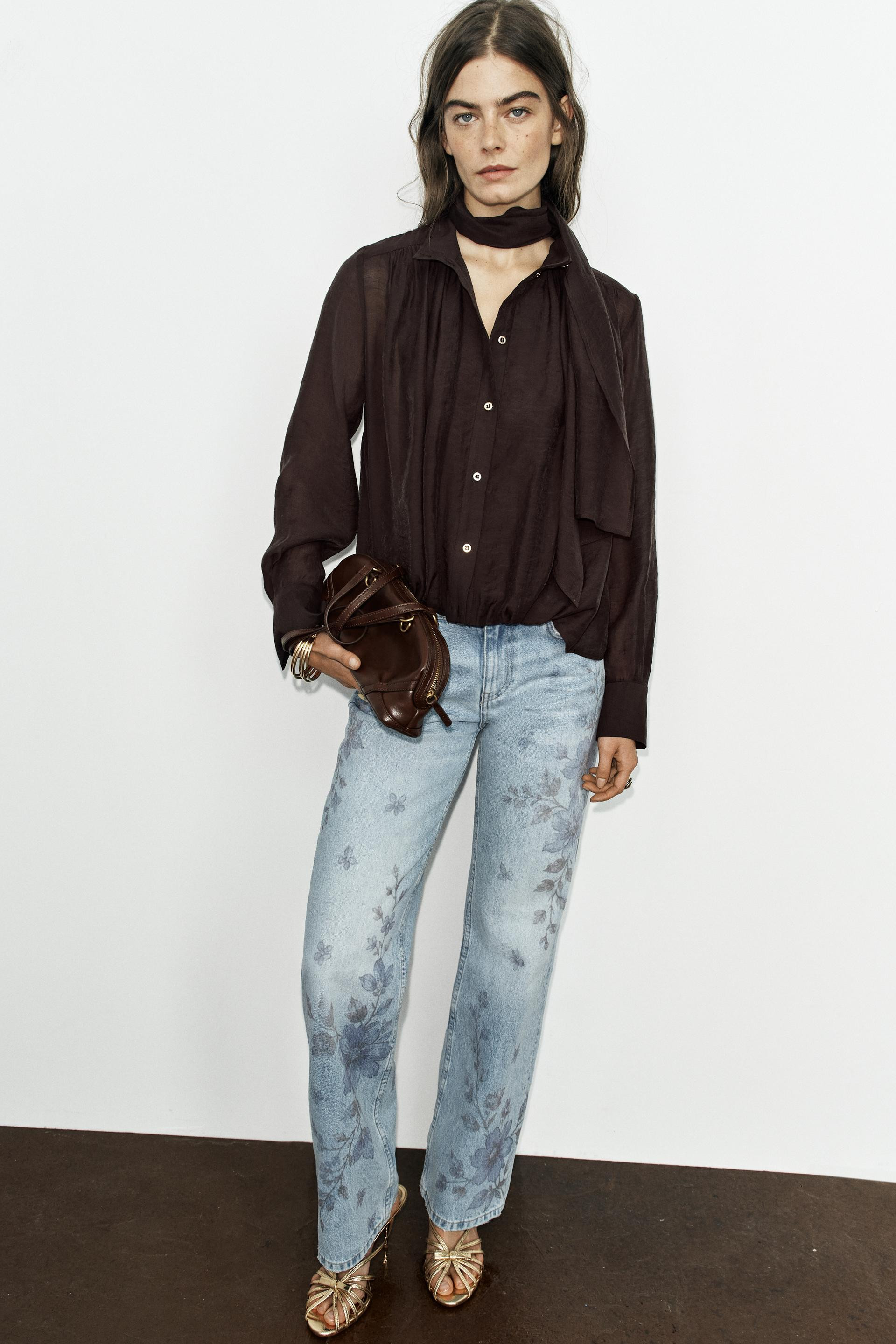 Zara - Scarf Shirt - Brown - Xs - Woman | Zara US