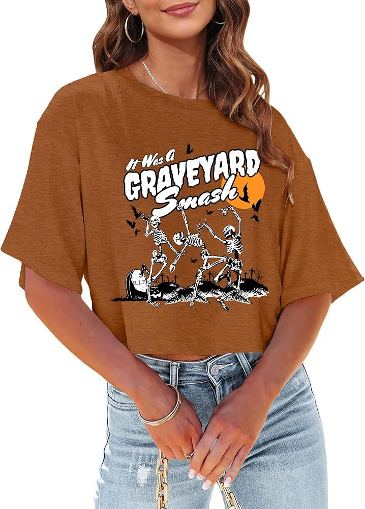Halloween Shirts for Women Halloween Crop Tops Dancing Skeleton Shirts Fall Pumpkin Graphic Cropp... | Amazon (US)