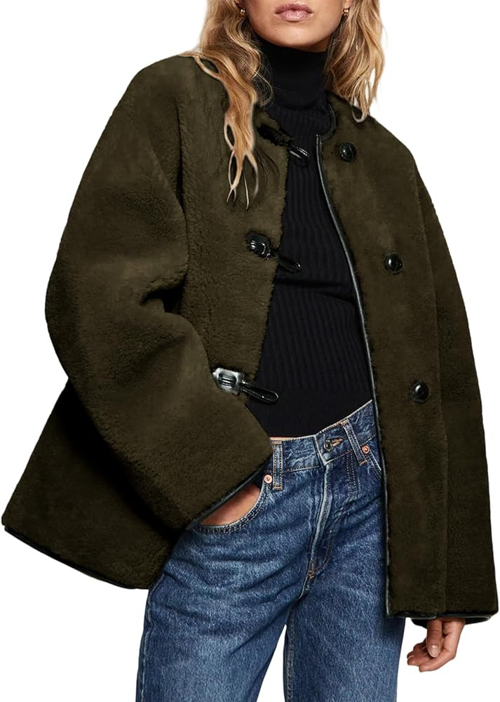 Women Faux Fur Jackets Loose Fit Fleece Long Sleeve Buttons Shaggy Winter Warm Outerwear Coats | Amazon (US)