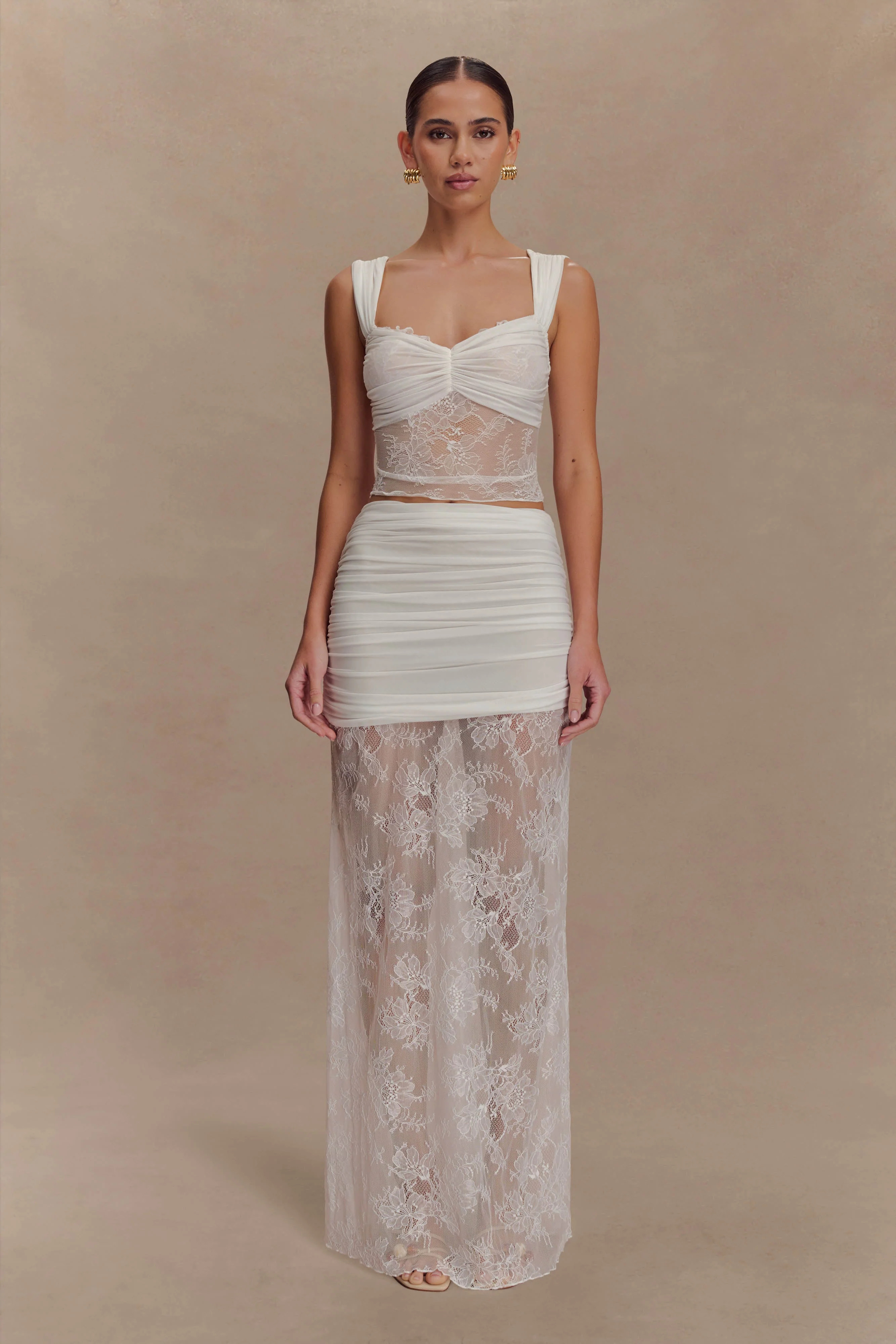 Guinevere Lace And Mesh Maxi Skirt - Ivory | Meshki UK