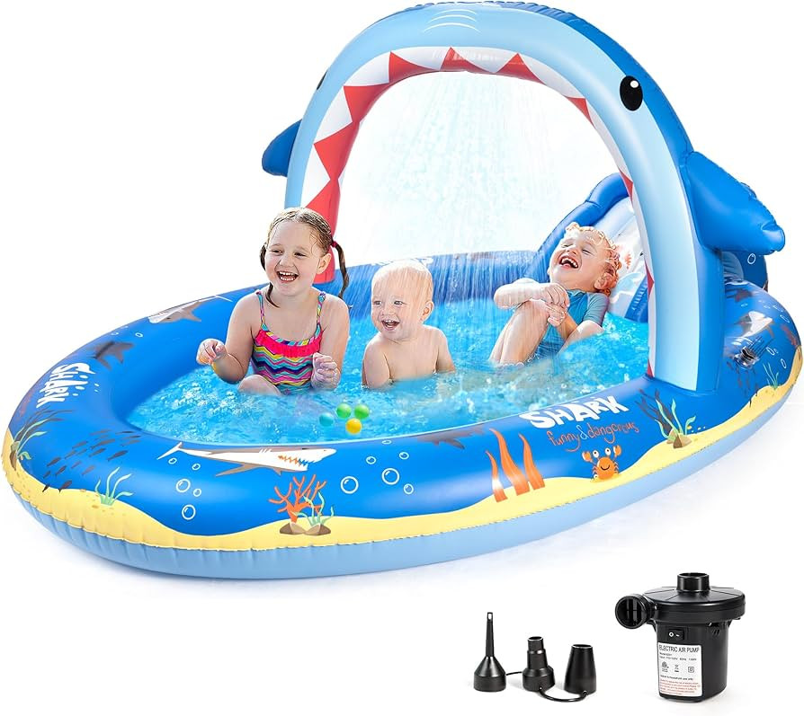 SULIFEEL Shark Inflatable Play Center Kiddie Pool with Slide and Sprinkler for Children, 8ft x 5f... | Amazon (US)
