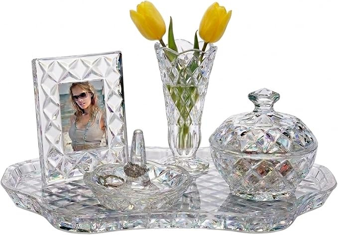 Godinger Crystal Glass Vanity Set of 5, Display Tray, Ring Holder, Vase, Picture Frame, Storage B... | Amazon (US)