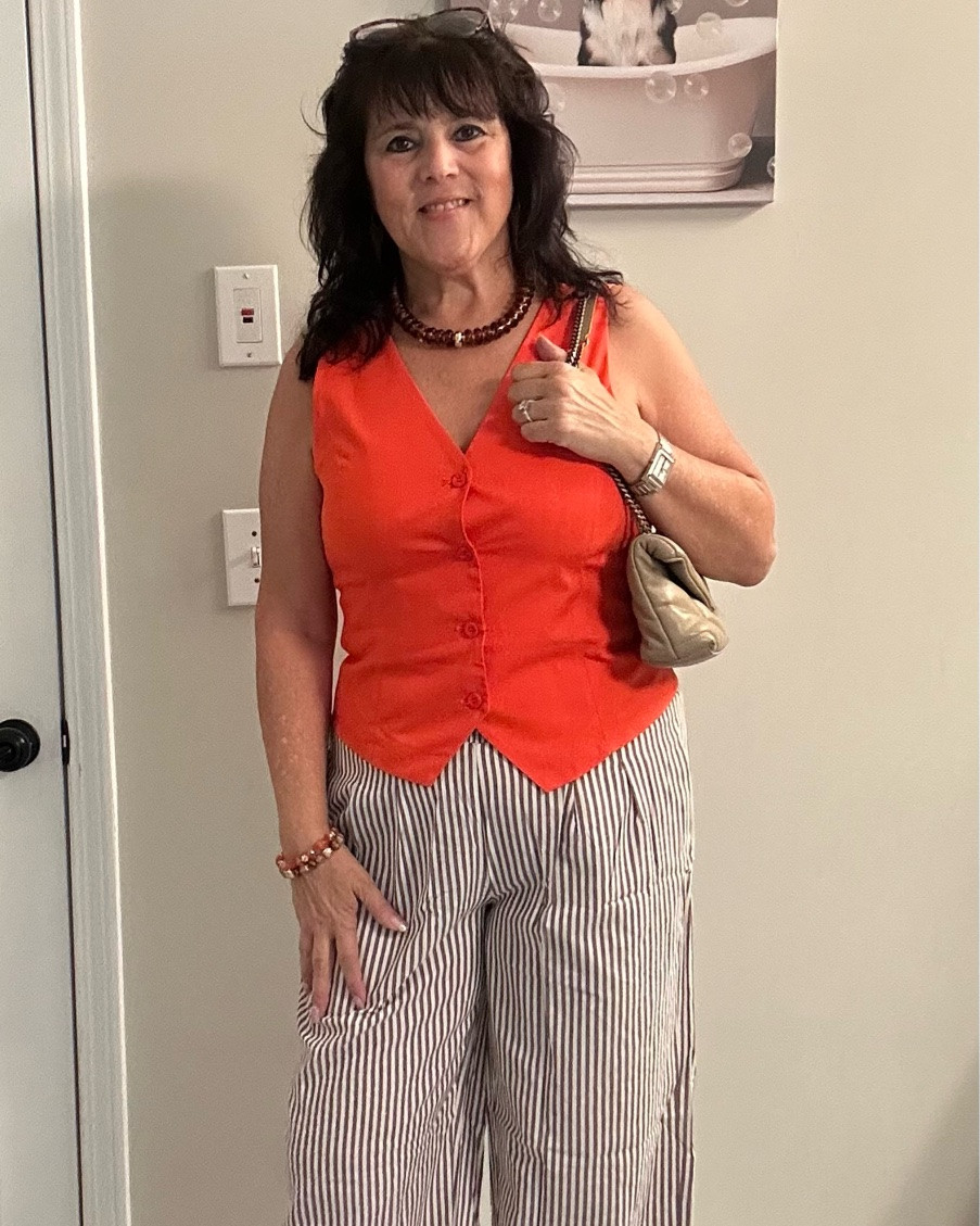 This summer look is so classy!! I love how the bright top looks with these flowy striped pants, so cute and comfy together ☀️🤍🧡 Always be confident!
#summeroutfit #styleover50 #over50fashion #agelessstyle #midlifefashion

#LTKdayinmylife #LTKOver40 #LTKMidsize
