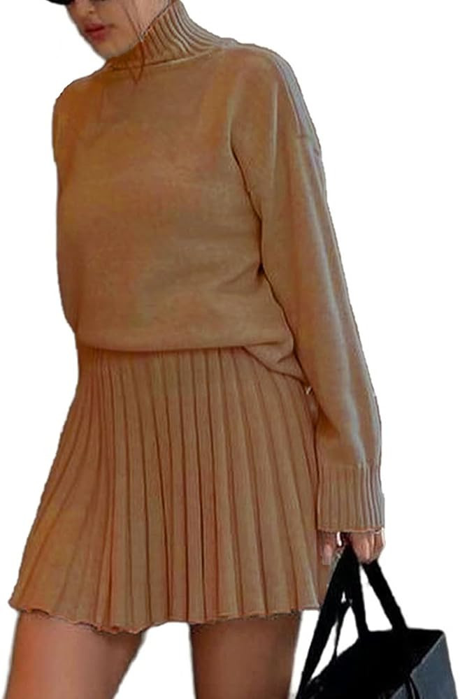 Mandonce Skirt Sets Women 2 Piece Outfits Turtleneck Oversized Sweater Sweatshirt and Pleated Min... | Amazon (US)