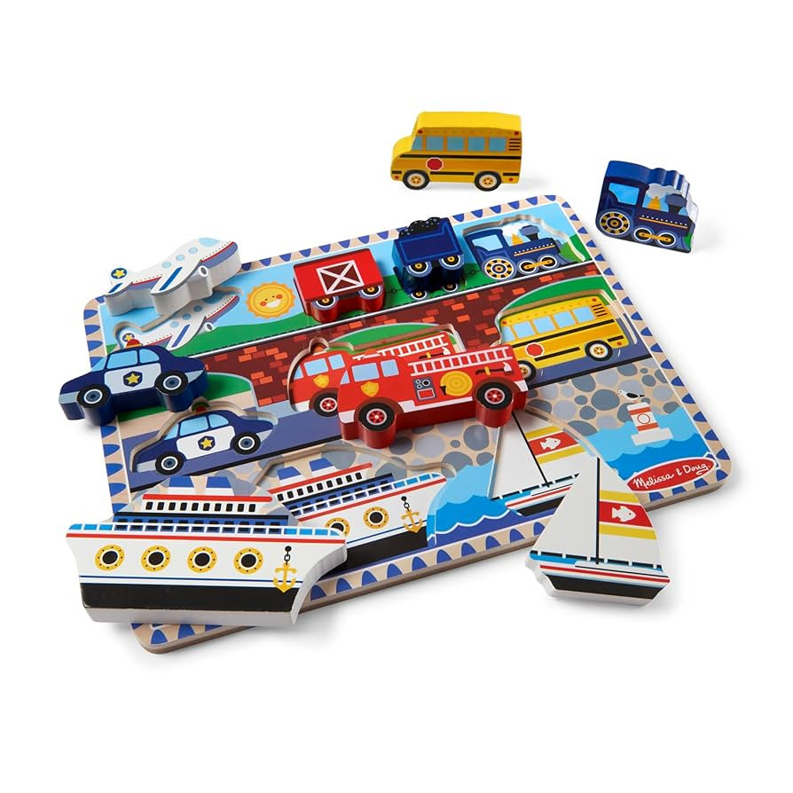 Melissa & Doug Vehicles Wooden Chunky Puzzle - Plane, Train, Cars, and Boats (9 pcs) - FSC Certif... | Amazon (US)