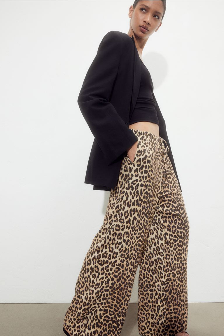 Wide-leg Viscose Pants - High waist - Long - Beige/leopard print - Ladies | H&M US | H&M (US + CA)