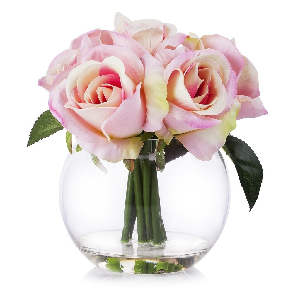 Enova Home Pink Velet Rose Flower Arrangement in Clear Glass Vase With Faux Water For Home Office De | Bed Bath & Beyond