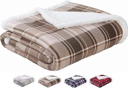 Sedona House Plush Flannel Sherpa Throw Blanket for Couch Extra Thick Twin Size Brown Plaid Blank... | Amazon (US)