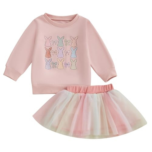 Toddler Girl Easter Outfit Long Sleeve Easter Sweatshirt Pullover Bunny Tulle Dress Cute Easter Baby Girl Outfit(D-Pink Bunny,18-24 Months) | Amazon (US)
