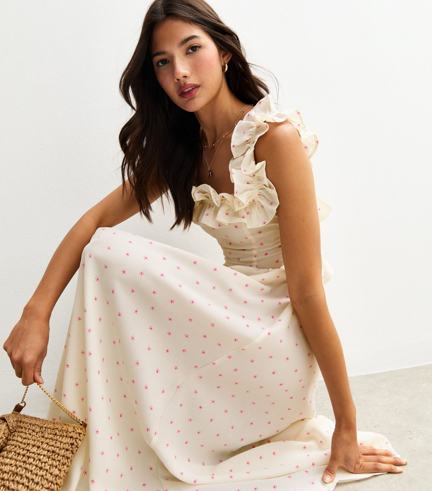 White Floral Print Square Neck Ruffle Back Bow Midi Dress | New Look | New Look (UK)