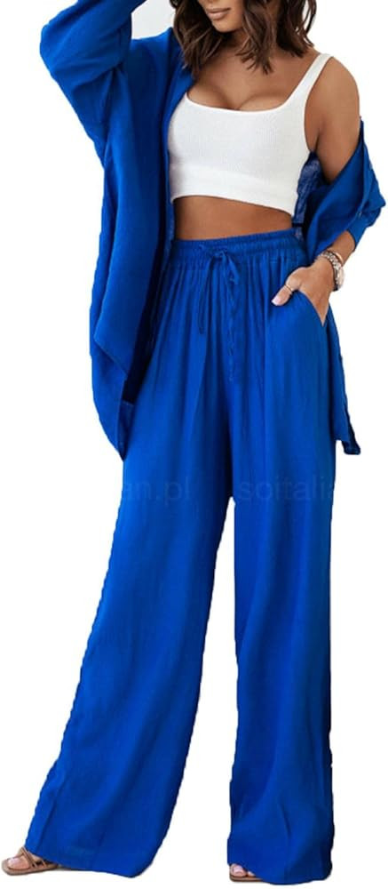 Women Two Pieces Floral Pants Set Long Sleeve Button Down Shirt Blouse+Wide Leg Pants Loose Pleated  | Amazon (US)