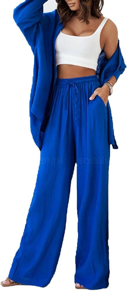 Women Two Pieces Floral Pants Set Long Sleeve Button Down Shirt Blouse+Wide Leg Pants Loose Pleated  | Amazon (US)