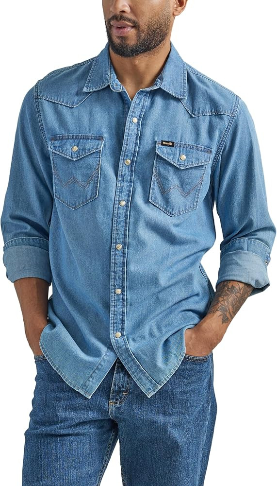 Wrangler Men's Iconic Denim Regular Fit Snap Shirt | Amazon (US)