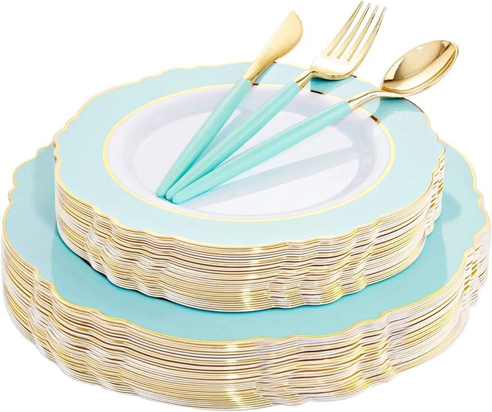 WDF 30Guest Mint Green Plastic Plates & Disposable Gold Plastic Silverware With Green Handle-Baro... | Amazon (US)