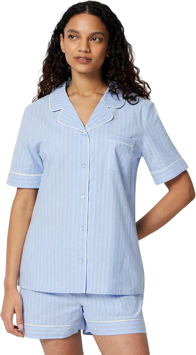 Amazon Essentials Women's Cotton Stretch Poplin Pajama Set, Short Sleeve Button-Down with Shorts | Amazon (US)