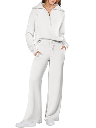 ANRABESS Women 2 Piece Outfits 2025 Fall Fashion Airport Wide Leg Pants Lounge Set Leisure Travel Vacation Clothes Sweatsuits White Medium | Amazon (US)