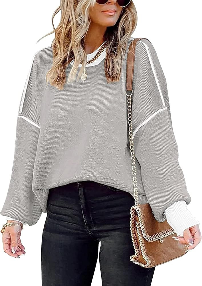 ETCYY Oversized Sweaters for Women Fall 2024 Trendy Crewneck Batwing Long Sleeve Knit Tops Side S... | Amazon (US)