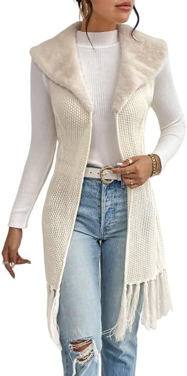 WDIRARA Women's Fringe Open Front Fur Long Vest Cardigan Faux Fur Collar Textured Sleeveless Card... | Amazon (US)