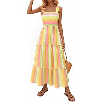 Yousify Womens Summer Maxi Dress 2026 Striped Casual Patchwork A Line Smocked Long Dress Boho Flo... | Amazon (US)