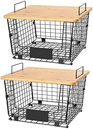 Stacking/Nesting Basket with Bamboo Wood Lid Rectangular Stackable Wire Baskets Foldable Countert... | Amazon (US)