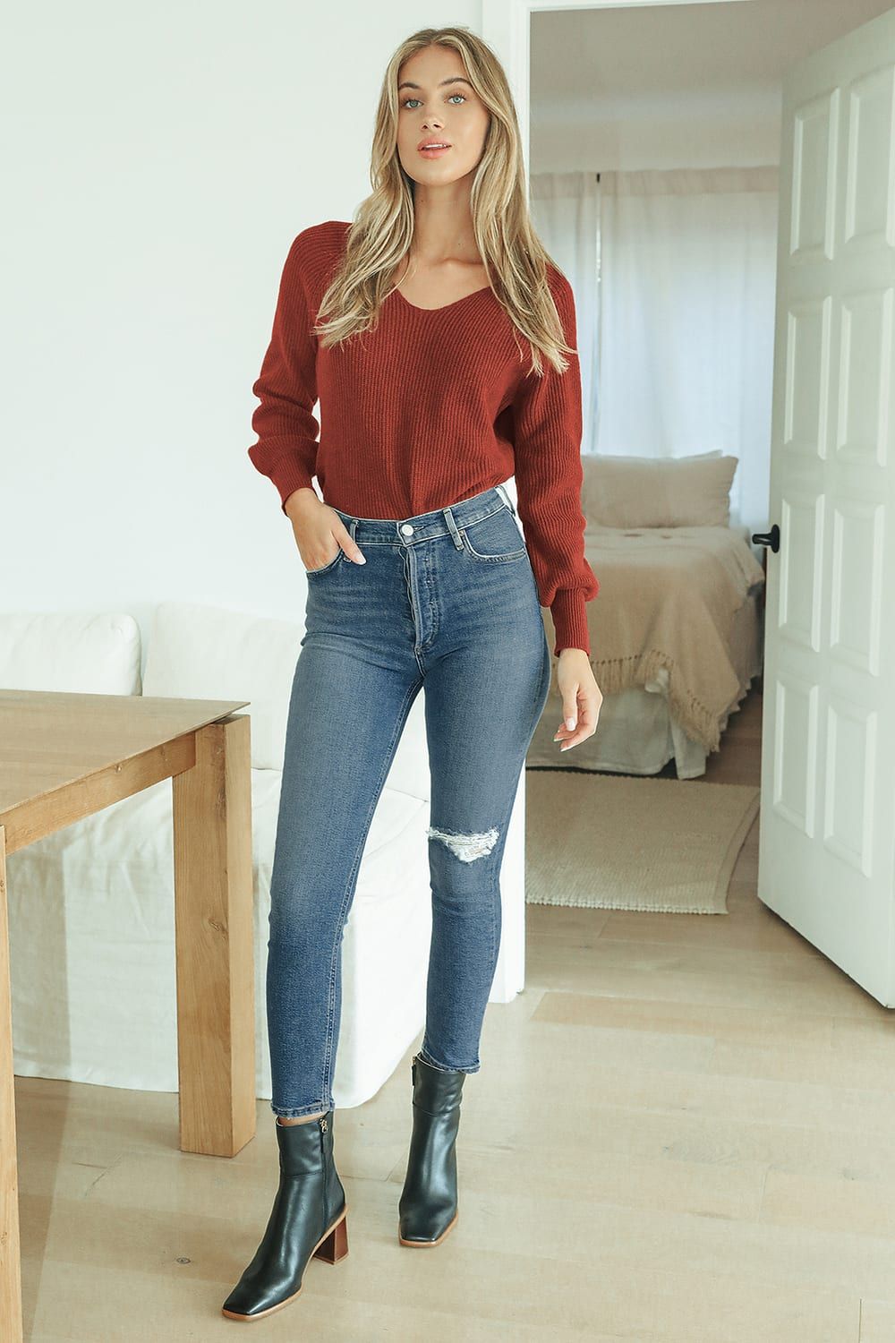 Cuddly Classic Rust Red Ribbed Knit Balloon Sleeve Sweater | Lulus (US)