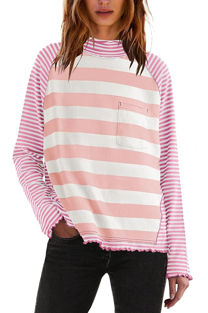 Panadila Womens Long Sleeve Striped Shirts Turtleneck Raglan Shirt Cute Color Block Tunic Tops Lo... | Amazon (US)