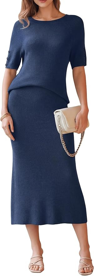 Arach&Cloz Women's Wool Blend Sweater 2 Piece Sets Business Casual Short Sleeve Top Midi Dress Ou... | Amazon (US)