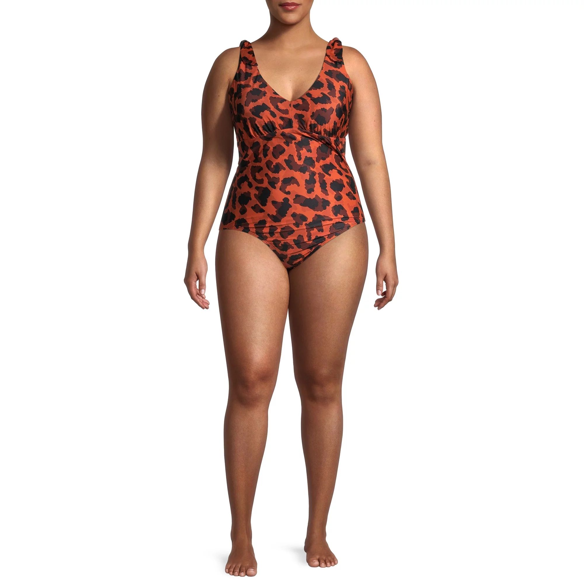 Social Angel Women's Plus Size Leopard Tie Shoulder Plunge One Piece Swimsuit | Walmart (US)