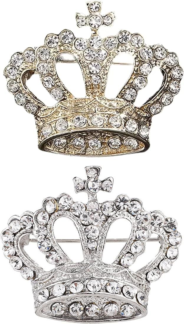 2PCS crown brooch for women men fashion gold silver noble and elegant rhinestones brooches pin | Amazon (US)
